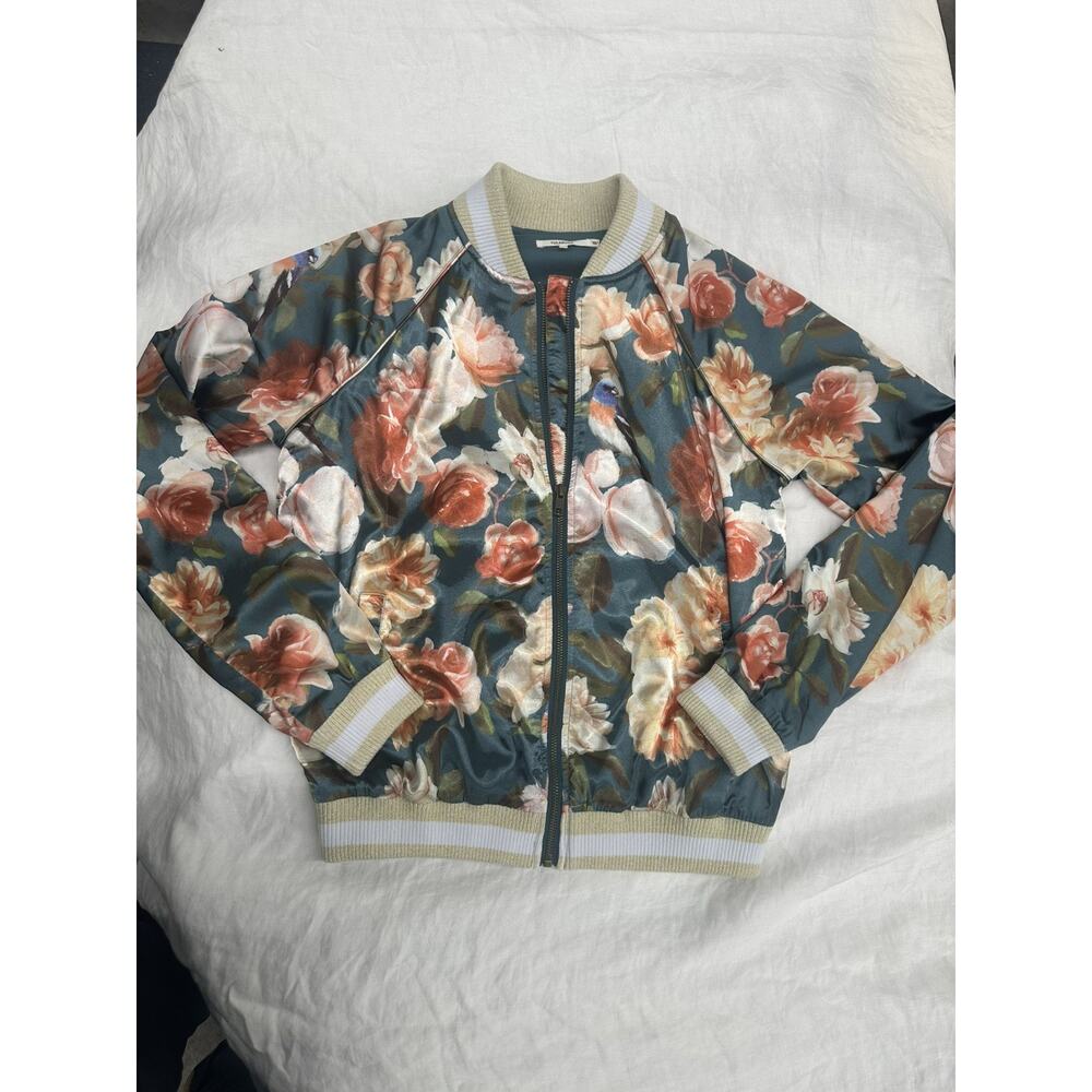 Tularosa Women’s Floral/Bird Satin Bomber zip up Jacket Size Small cottagecore